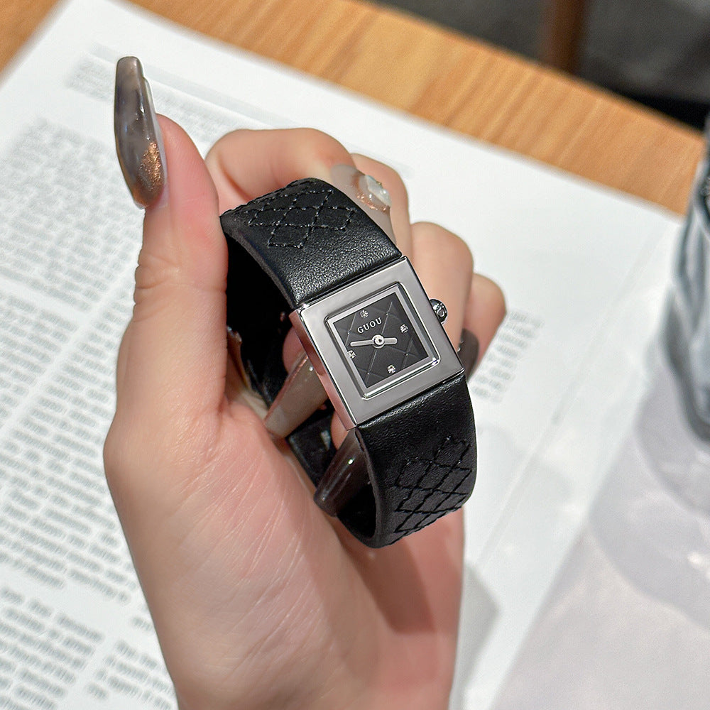 Women's Minimalist Small Square Leather-Strap Commuter Quartz Watch