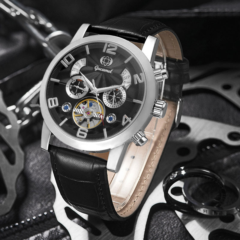 GESMART Men's Tourbillon Automatic Mechanical Watch Perpetual Calendar Leather Band Business
