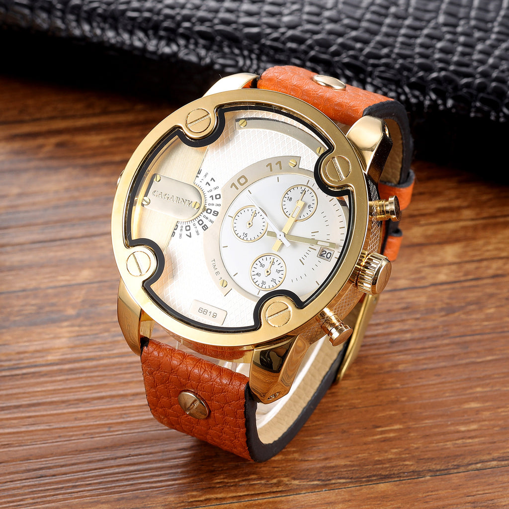 Men's Large-Dial Calendar Leather-Strap Quartz Watch