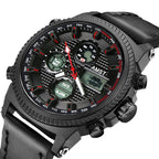 GESMART Men's Multifunction Sports LED Dual Display Digital Watch Water Resistant Genuine Leather Band