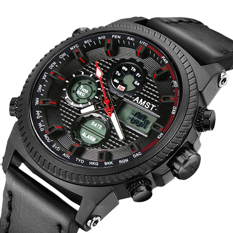 GESMART Men's Multifunction Sports LED Dual Display Digital Watch Water Resistant Genuine Leather Band
