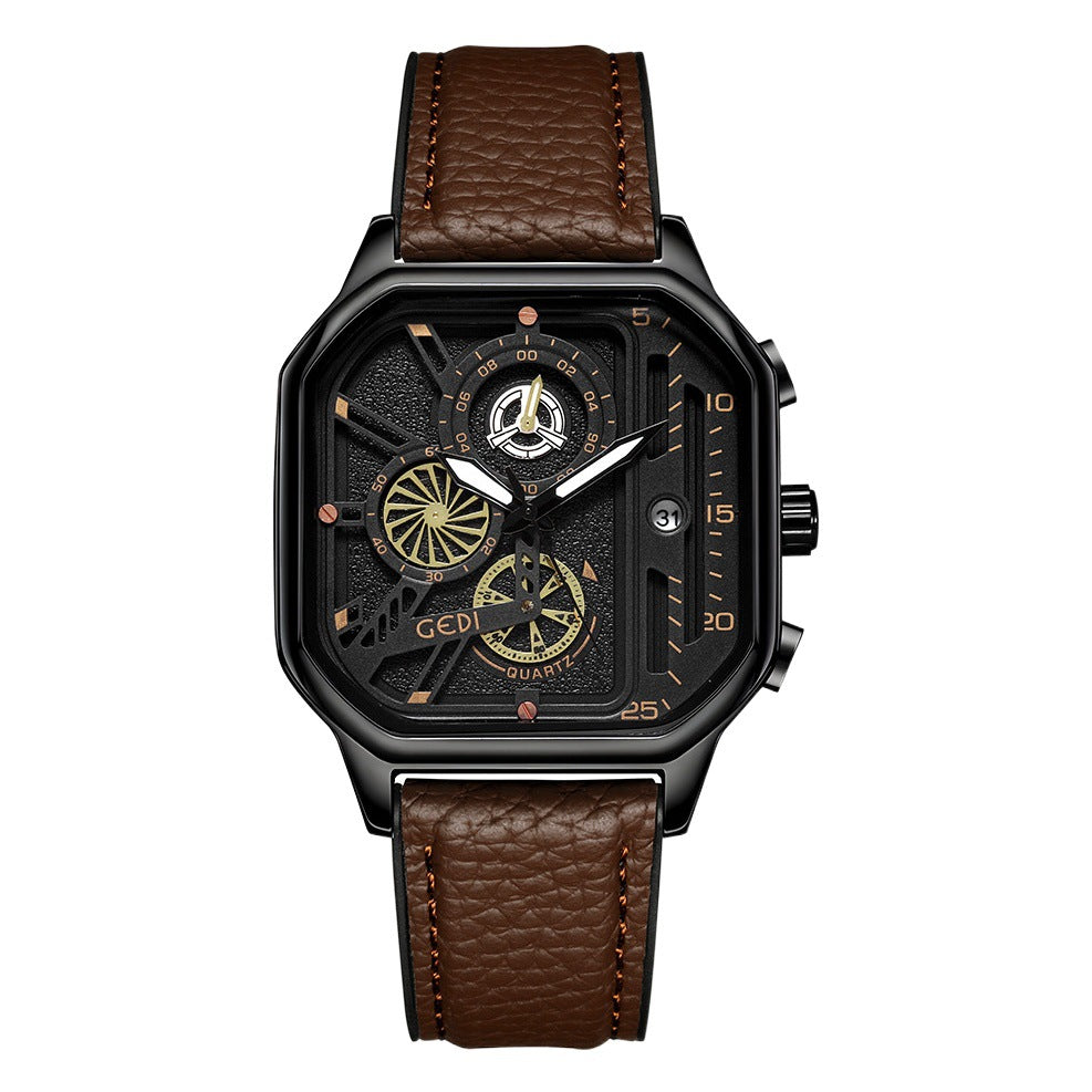 GESMART Men's Square Large Dial Quartz Watch Leather Band Stylish Low Key Personality Design