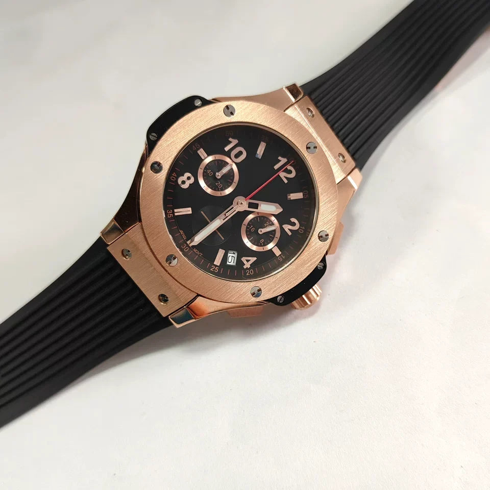 New Rose Gold 42.5mm Quartz Watch Steel Case Rubber Strap VK63 Mineral Glass