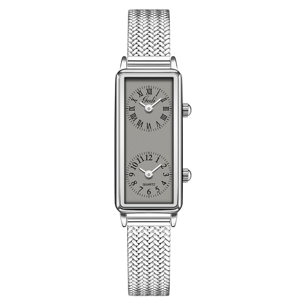 Women's Vintage Roman Numeral Small Square Dual-Time Mesh-Band Quartz Watch