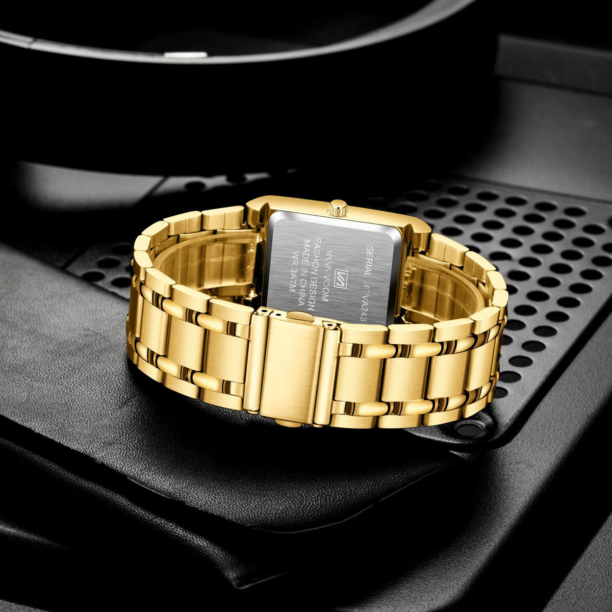 GESMART Men's Rectangular Stainless Steel Gold Tone Watch Calendar Quartz Water Resistant Large Dial Business
