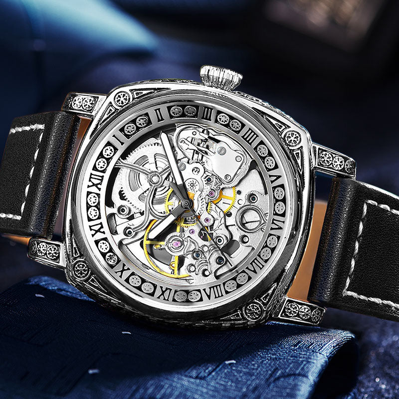 GESMART Men's Retro Engraved Skeleton Mechanical Watch Genuine Leather Water Resistant European Style