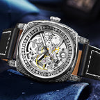 GESMART Men's Retro Engraved Skeleton Mechanical Watch Genuine Leather Water Resistant European Style
