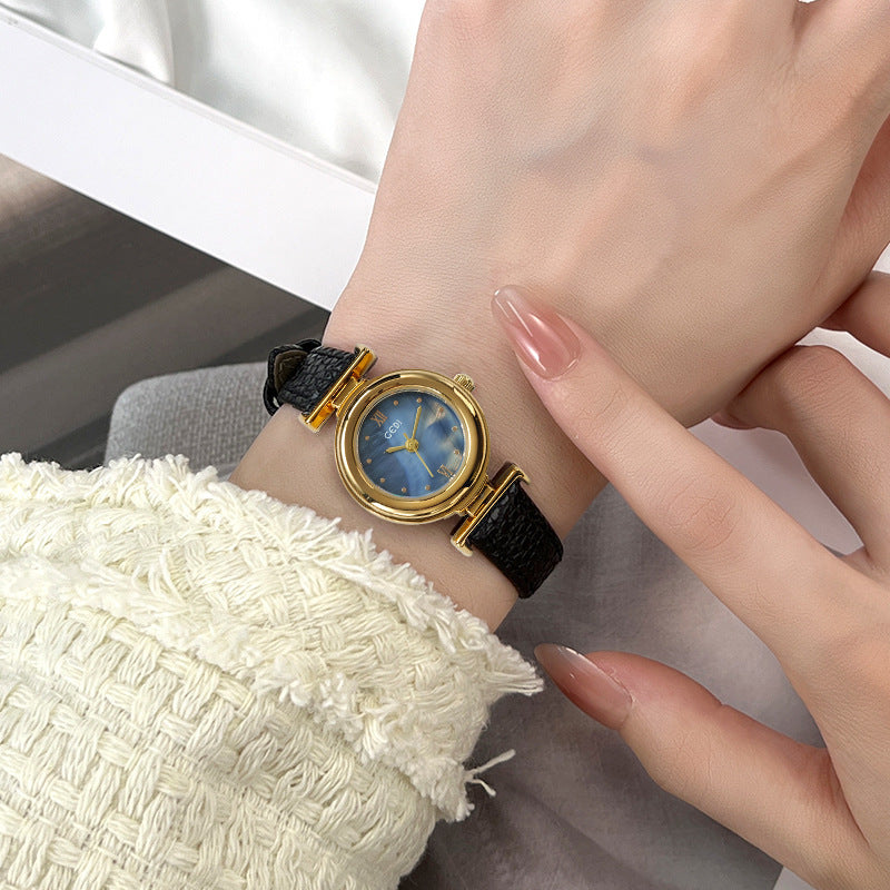 Women's Mother-of-Pearl Small Round Leather-Strap Quartz Watch