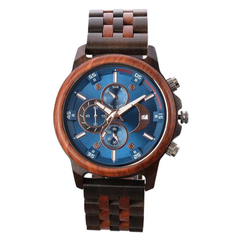Men's Sandalwood Wooden Three-Eye Multi-Function Quartz Watch