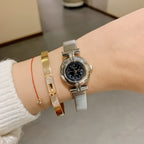 Women's Round Roman-Numeral Leather-Strap Quartz Watch