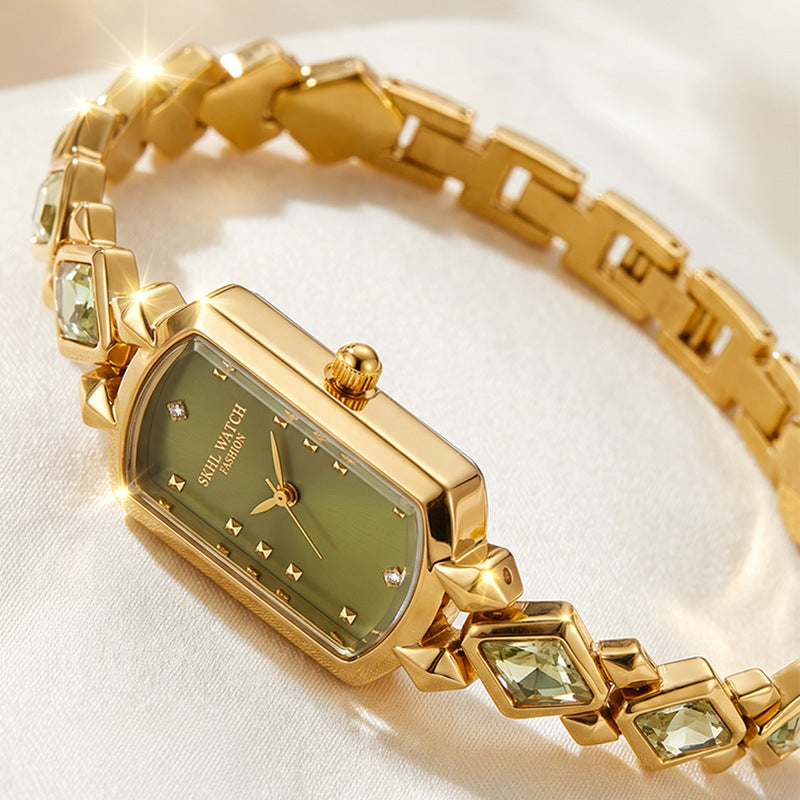 Women's Olive-Green Zircon Vintage Bracelet Quartz Watch