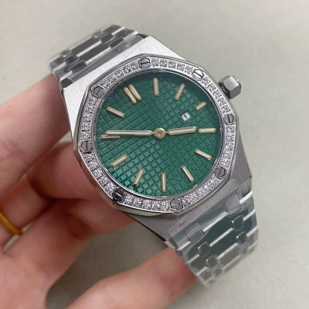 Ladies 31mm Octagonal Gem Bezel Steel Quartz Watch Green Lume Dial VJ24 Movement