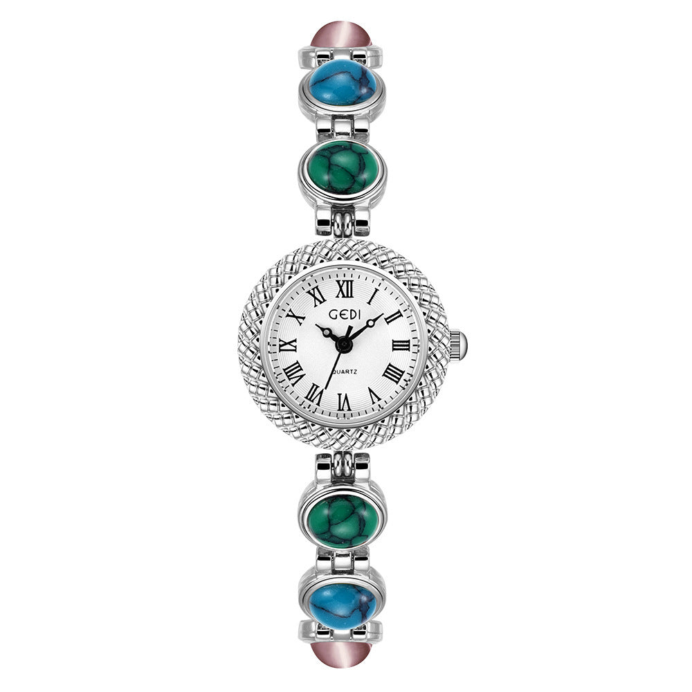 Women's Vintage Turquoise Gold-Bead Bracelet Quartz Watch