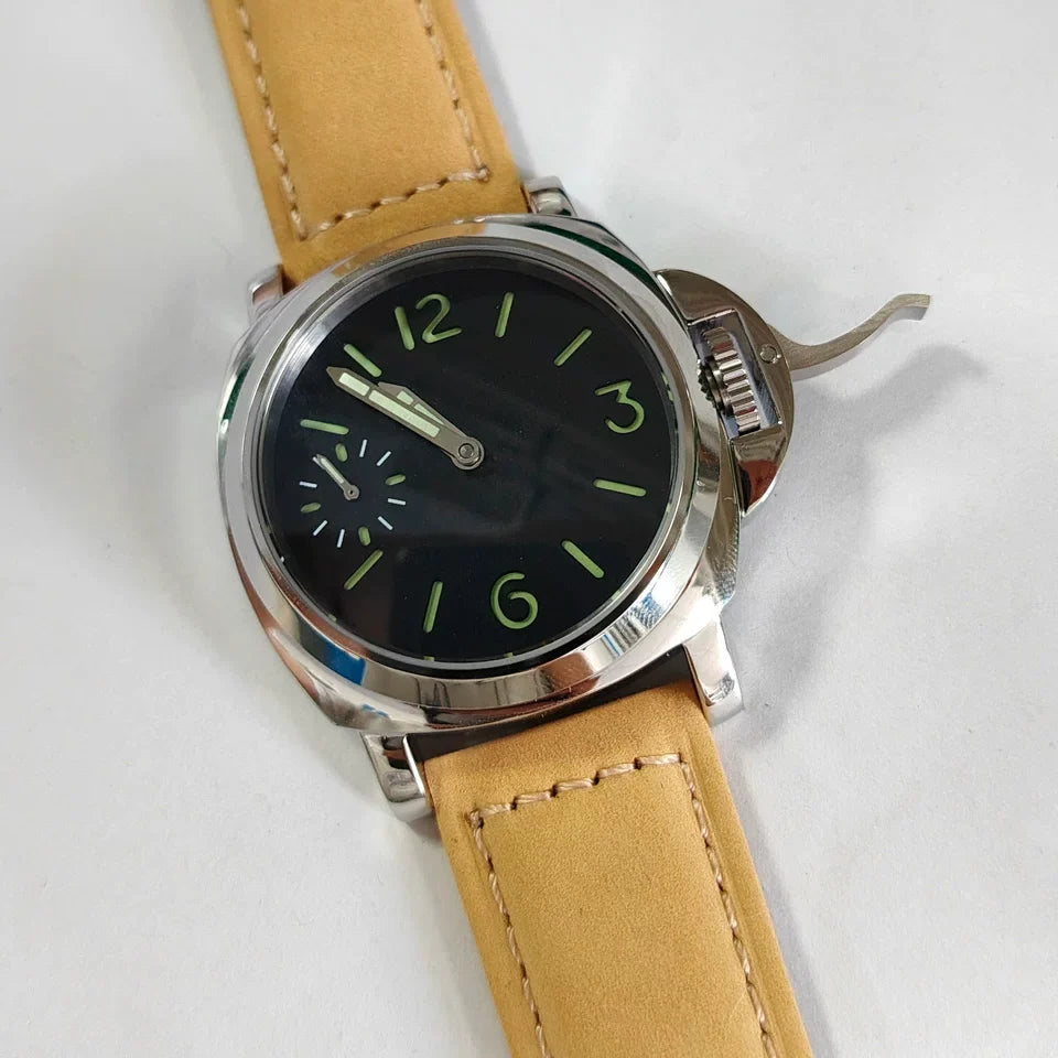 Men's 44mm Manual Wind Watch Sapphire Crystal Polished Steel Green Lume Dial