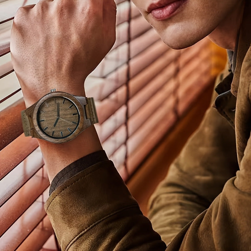 Men's Walnut Wood Genuine-Leather Minimalist Quartz Watch