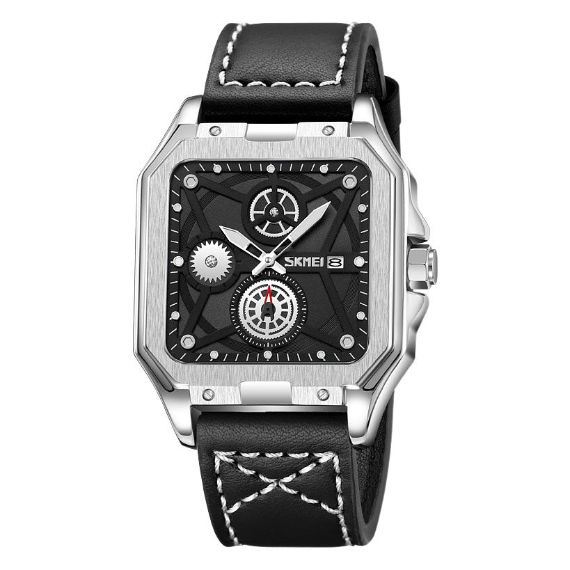 GESMART Men's Square Quartz Watch Independent Second Hand Leather Band Luminous Water Resistant Fashion