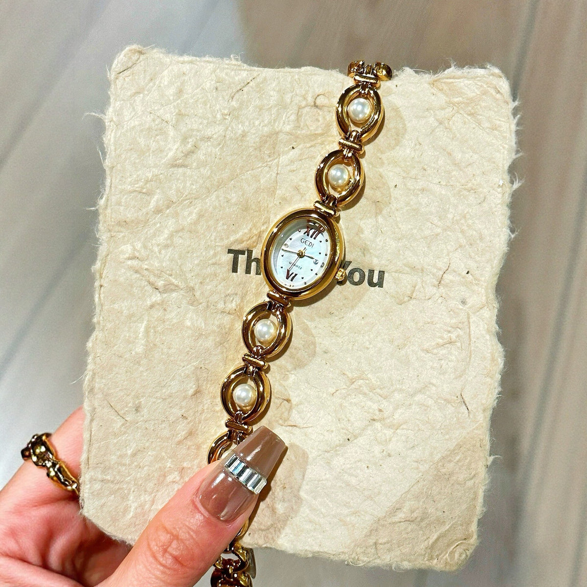 Women's Vintage Pearl Gold-Tone Bracelet Quartz Watch
