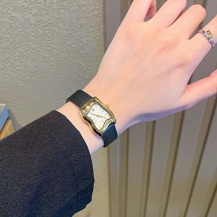Women's Irregular Wavy Small Square Litchi-Leather French Vintage Watch