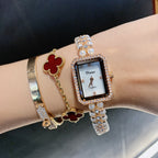 GESMART Women's Square Pearl Bracelet Watch Mother of Pearl Dial Retro Chic Style Diamond Studded