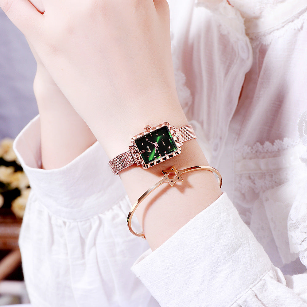 GESMART Women's Square Green Dial Mesh Bracelet Quartz Watch Rhinestone Vintage Luxury Style