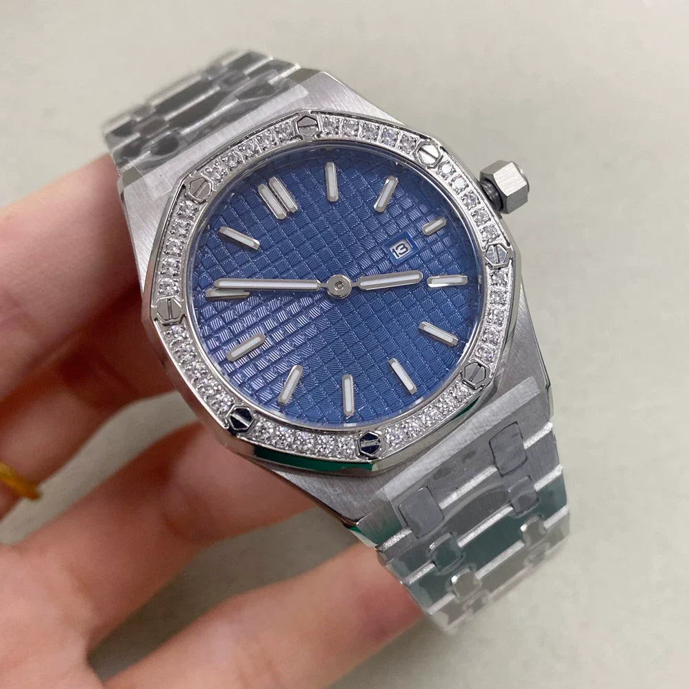 Ladies 31mm Octagonal Gem Bezel Steel Quartz Watch Green Lume Dial VJ24 Movement