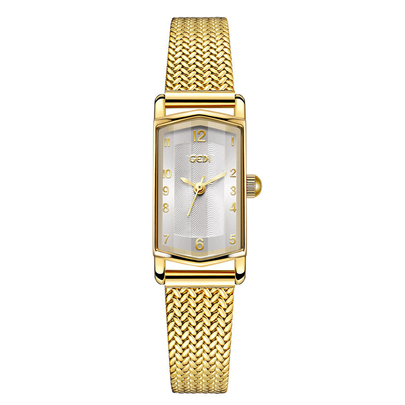 Women's Vintage Leather Mesh Small Square Gold-Tone Quartz Watch
