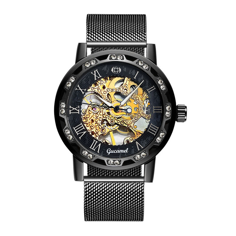 GESMART Men's Hand Winding Mechanical Skeleton Watch Crystal Studded Classic Casual Fashion