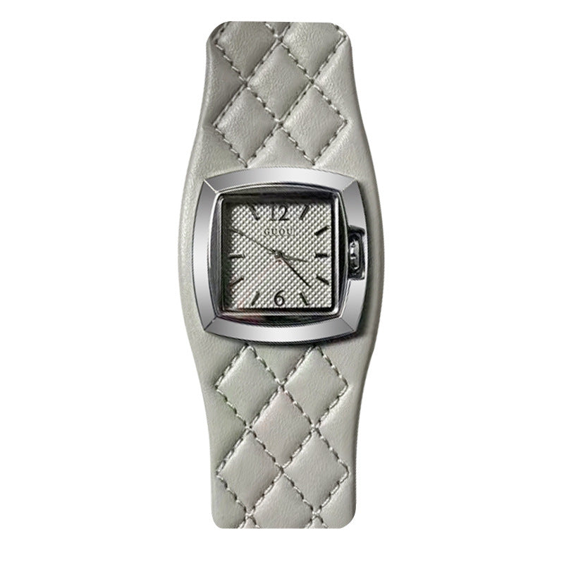 Women's British-Style Plaid Leather Vintage Square Quartz Watch