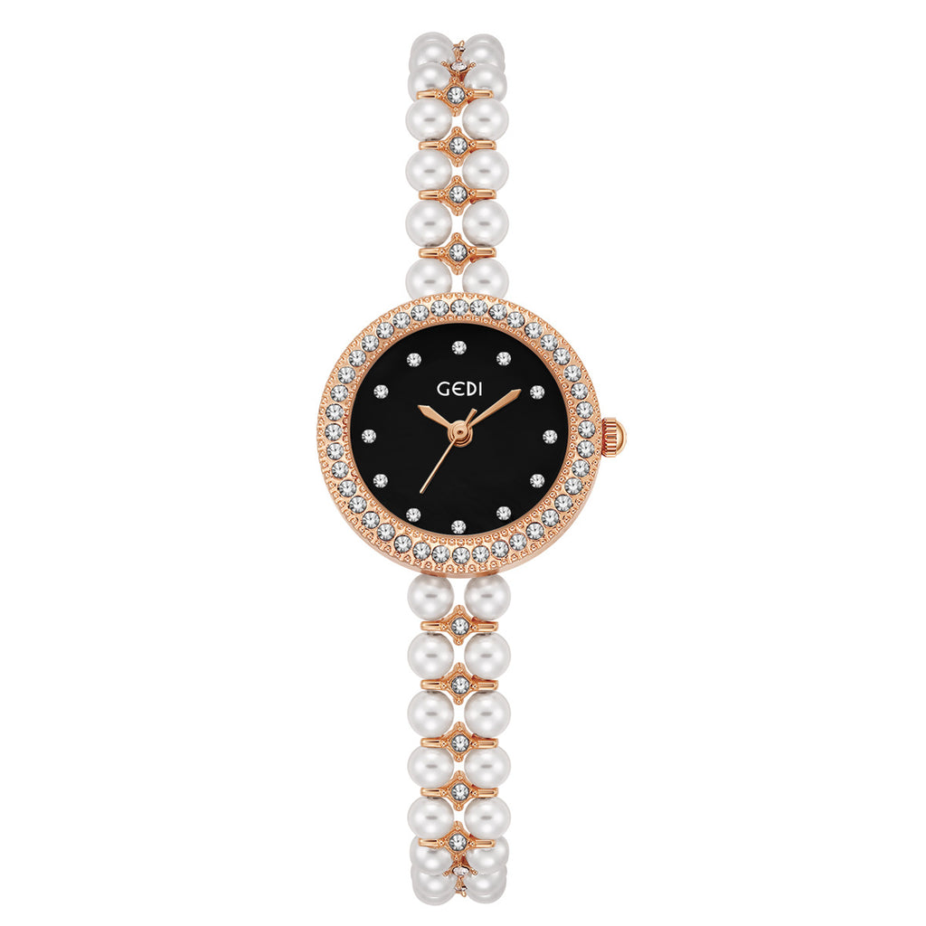 Women's Pearl-Bead Bracelet Round Rhinestone Quartz Watch