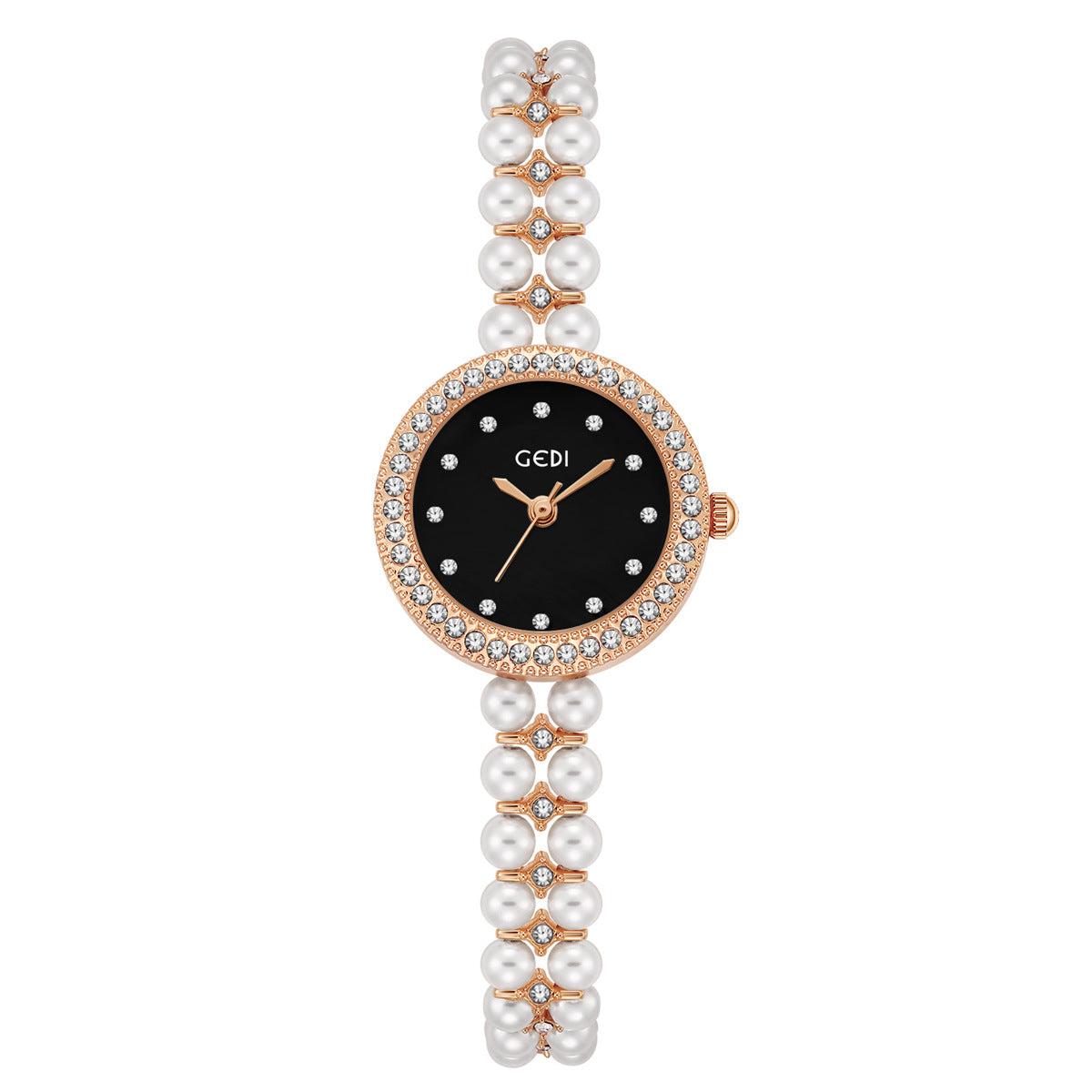 Women's Pearl-Bead Bracelet Round Rhinestone Quartz Watch