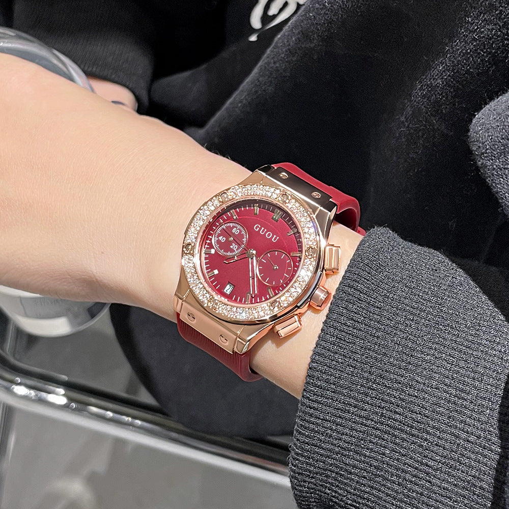 GESMART Women's Large Dial Silicone Band Watch Multifunction Rhinestone Calendar Fashion Trendy