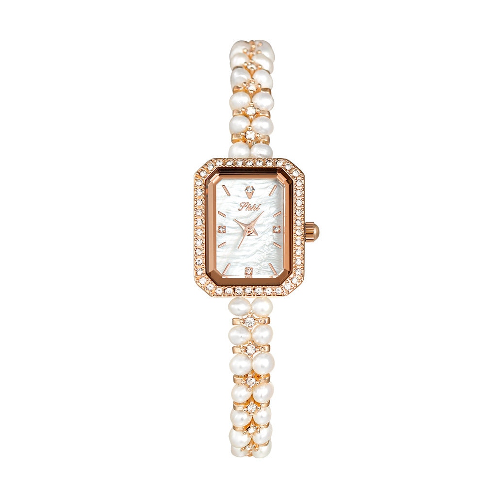 Women's Pearl Bracelet Quartz Watch, Slim Dial