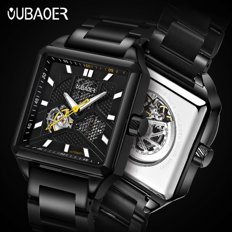GESMART Men's Square Skeleton Automatic Mechanical Watch Steel Band Water Resistant Fashion Trendy