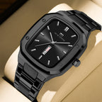 GESMART Men's Rectangular Dial Watch Day Date Calendar Steel Band Business Creative Water Resistant