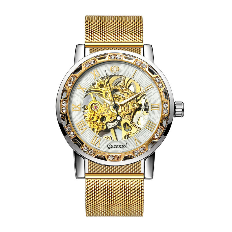 GESMART Men's Hand Winding Mechanical Skeleton Watch Crystal Studded Classic Casual Fashion