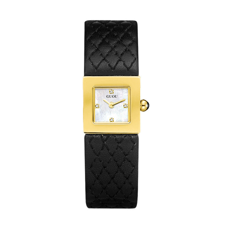 Women's Minimalist Small Square Leather-Strap Commuter Quartz Watch