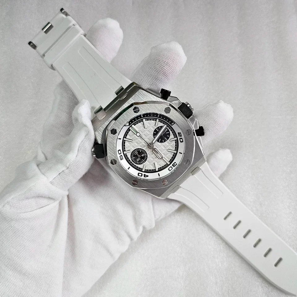 Men's 42mm Watch Dual Crown Steel Case Rubber Strap VK64 Movement