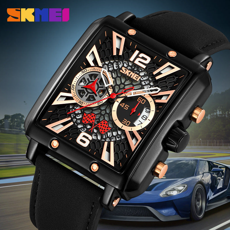 GESMART Men's Square Chronograph Quartz Watch Calendar Multifunction Water Resistant Leather Band Sports
