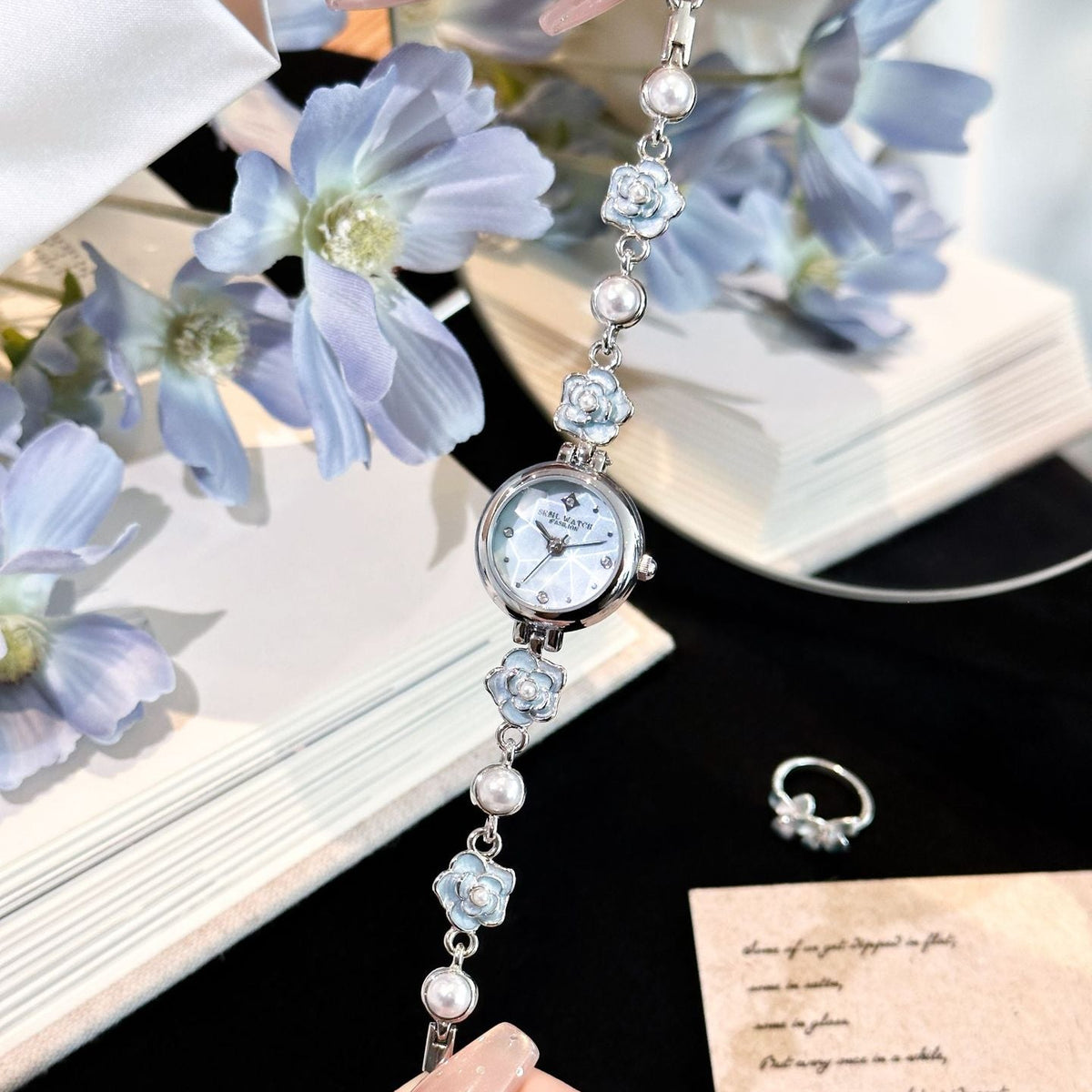 Women's Camellia Mother-of-Pearl Rhinestone Bracelet Quartz Watch