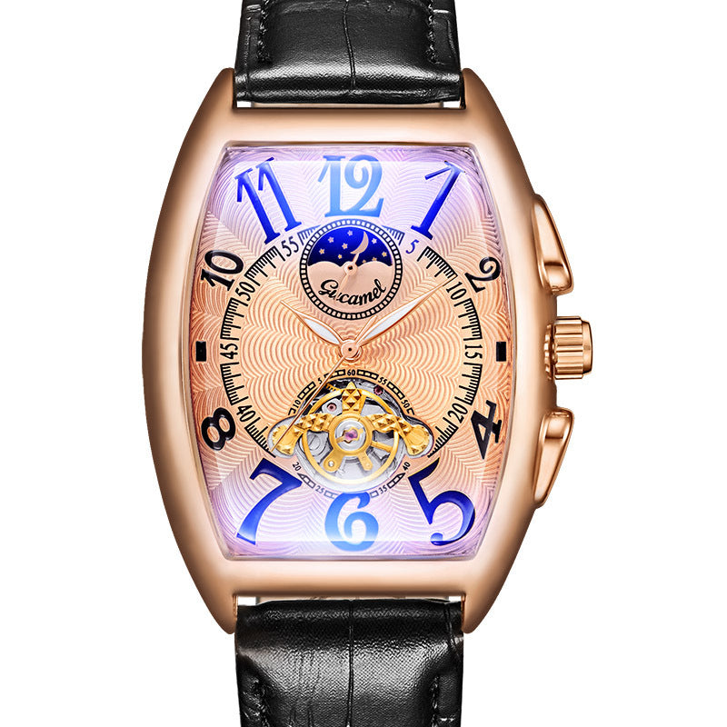 GESMART Men's Tonneau Shape Tourbillon Automatic Mechanical Watch Sun Moon Stars Design