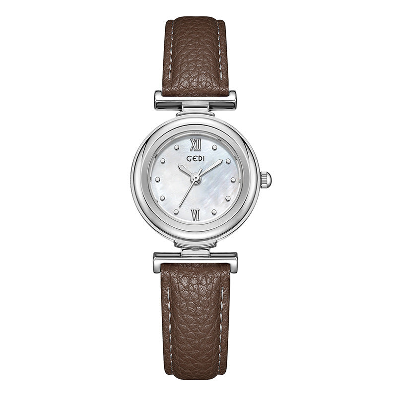 Women's Mother-of-Pearl Small Round Leather-Strap Quartz Watch