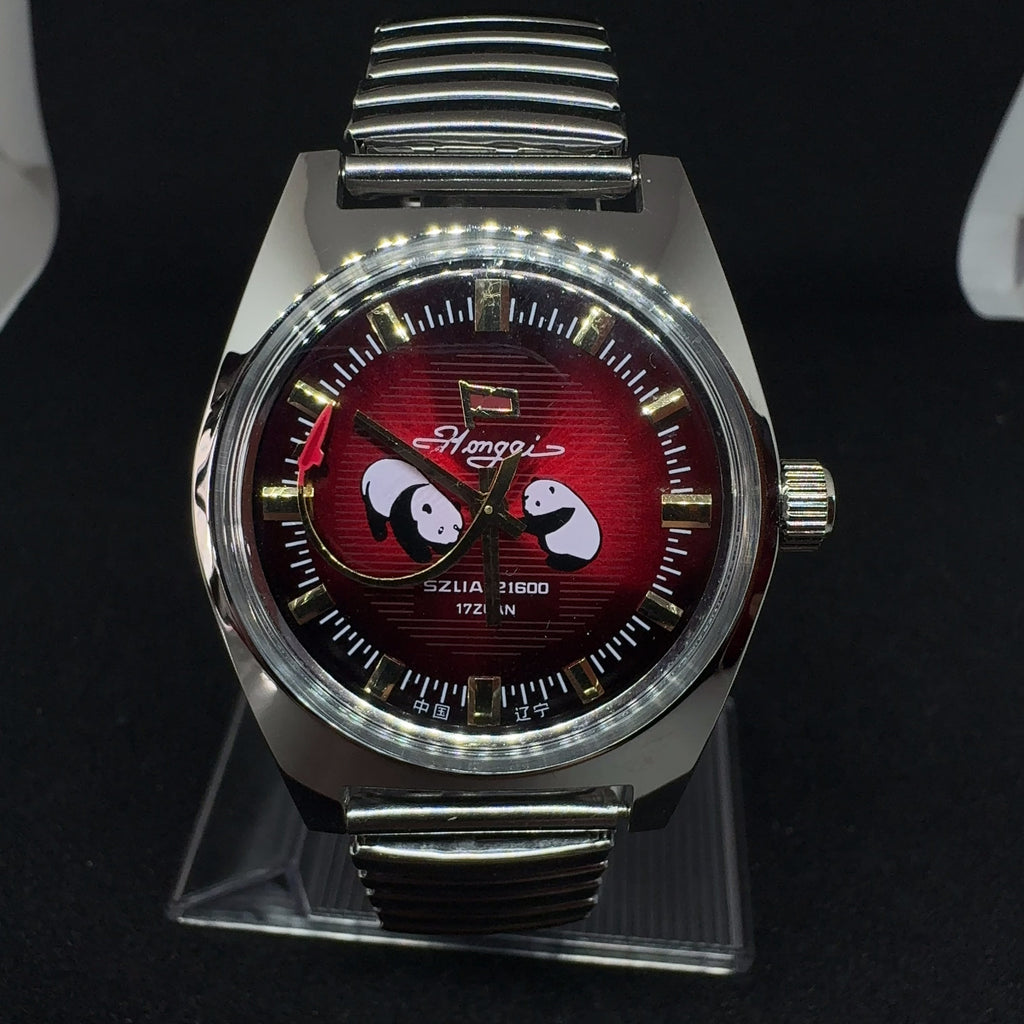 Red Flag Panda Men's Vintage Manual Wind Watch All Steel Airplane Hands