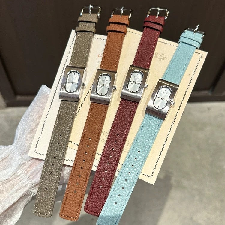 Women's Square Genuine-Leather Vintage Quartz Watch