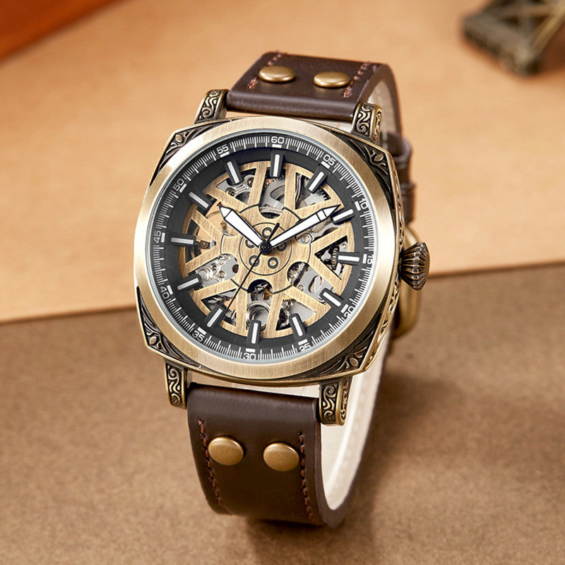 GESMART Men's New Automatic Mechanical Watch Multifunction Engraved Pattern Luminous Water Resistant