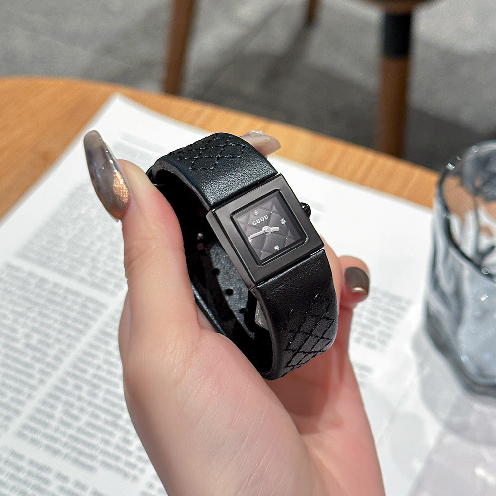 Women's Minimalist Small Square Leather-Strap Commuter Quartz Watch