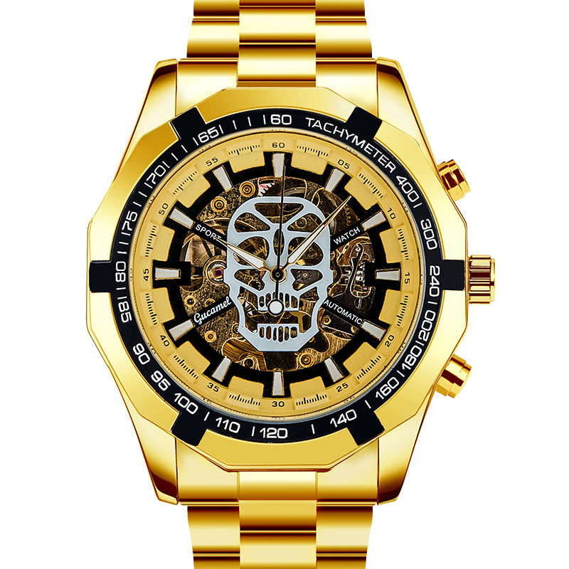 GESMART Men's Gold Tone Skeleton Automatic Mechanical Watch Skull Design Business Trendy