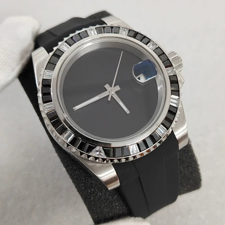 Men's 40mm Mechanical Watch Black Crystal Bezel Rubber Case Strap NH35 Movement