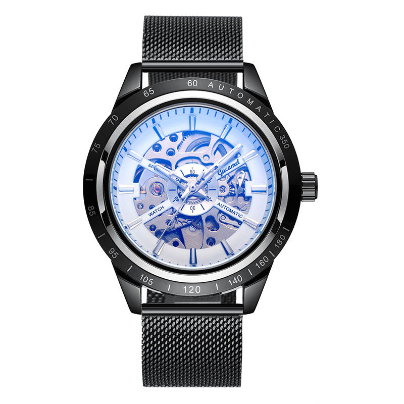 GESMART Men's Automatic Mechanical Watch Mesh Band Luminous Skeleton Exhibition Case Back