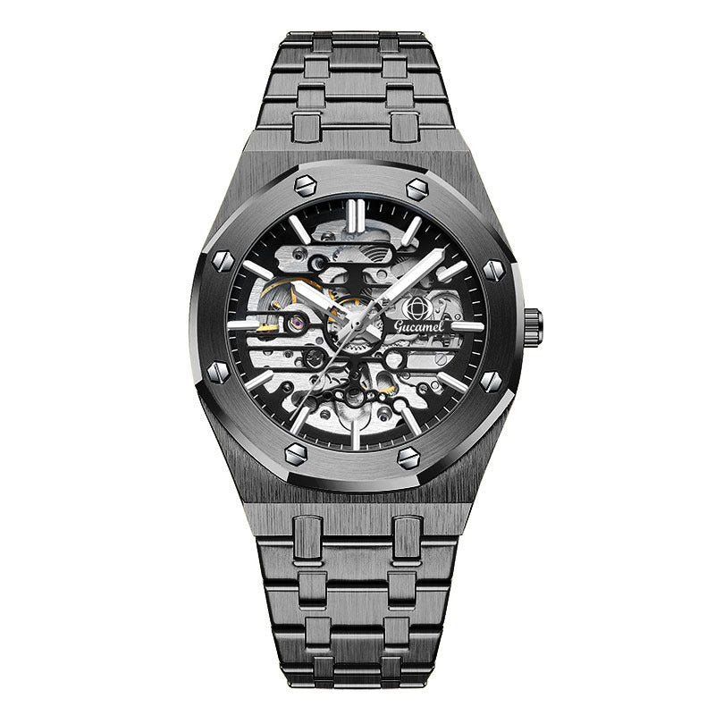 GESMART Men's Skeleton Automatic Mechanical Watch Steel Band Trendy Wristwatch