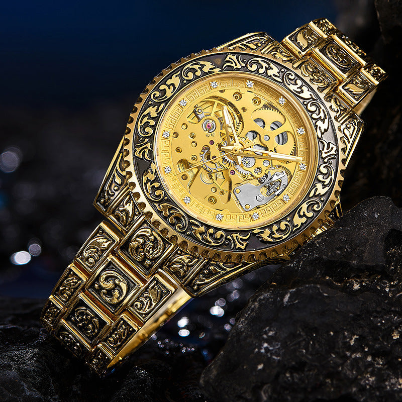 GESMART Men's New Skeleton Engraved Automatic Mechanical Watch European American Vintage Style